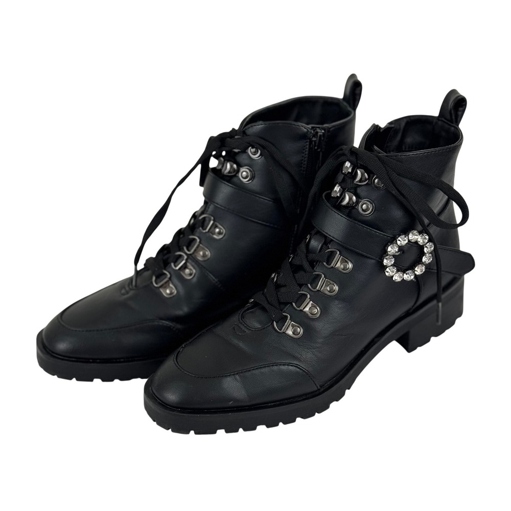 Black Moto Combat Boots Rhinestone Buckle Lug Sole Punk Biker Edgy Glam Size 8